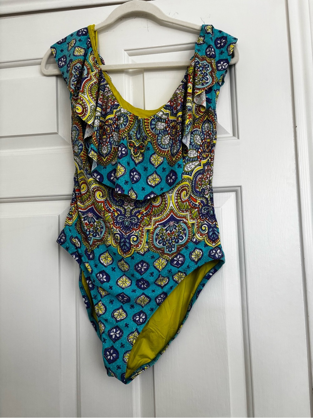 Trina Turk Turquoise Patterned Ruffle One-Piece Swimsuit with Yellow Lining